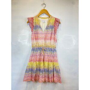 Willa Story A-Line Sundress Rainbow Pink Yellow Speckled Flutter Sleeve Ruffle S